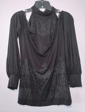 Black Gothic Lace-Trim Long Sleeve Tunic